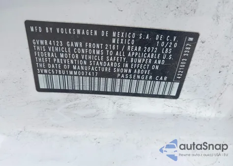 2021 Volkswagen Jetta 1.4T R-Line/1.4T S/1.4T Se из США, поврежденный, VIN 3VWC57BU1MM007417